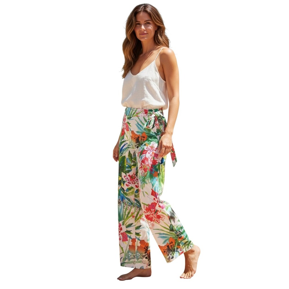 Anatomie Womens Tropical Floral Wide Leg Travel Pants Made in Italy Multicolor M